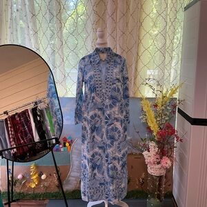 Blue Floral Maxi Dress with Embroidered V-Neck